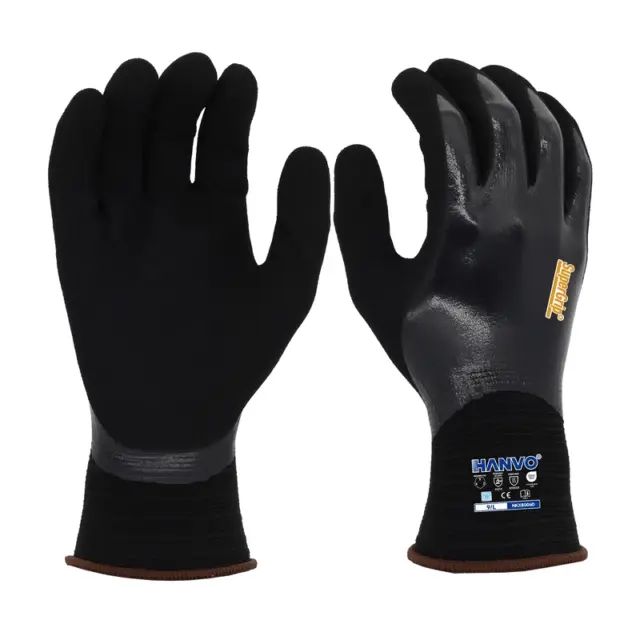 HANVO 18-gauge nylon spandex work glove, certified by ANSI and EN388 standards, features full smooth dotted nitrile coating with excellent oil repellent, waterproof and abrasion resistant performance. This durable safety work glove delivers reliable protection, flexible fit and strong grip for daily industrial use. It is widely applied in automotive maintenance, facility maintenance, machinery and equipment operation, as well as transport and warehousing scenarios.