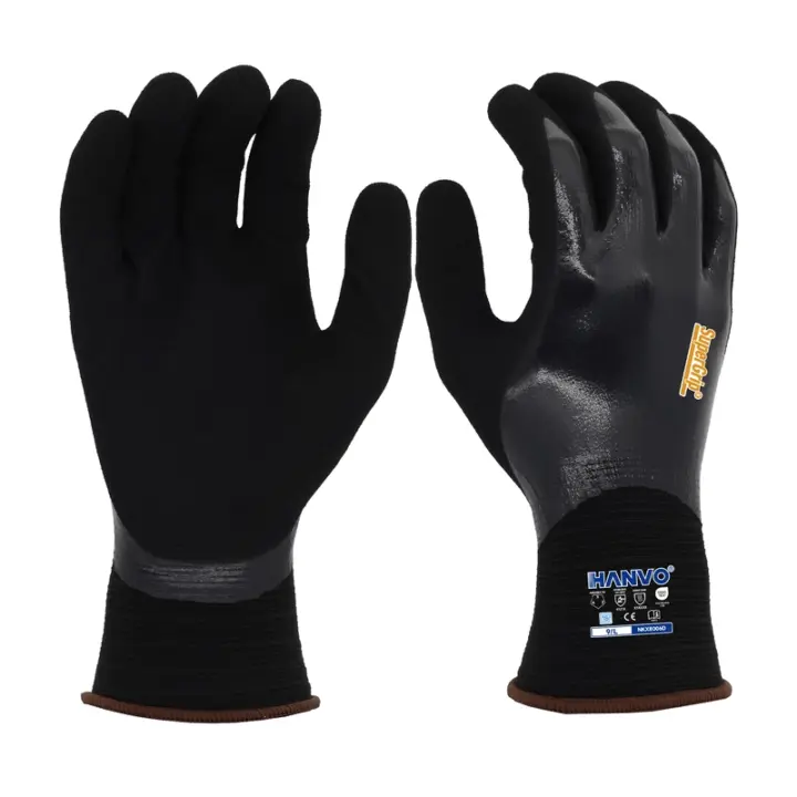 HANVO 18-gauge nylon spandex work glove, certified by ANSI and EN388 standards, features full smooth dotted nitrile coating with excellent oil repellent, waterproof and abrasion resistant performance. This durable safety work glove delivers reliable protection, flexible fit and strong grip for daily industrial use. It is widely applied in automotive maintenance, facility maintenance, machinery and equipment operation, as well as transport and warehousing scenarios.
