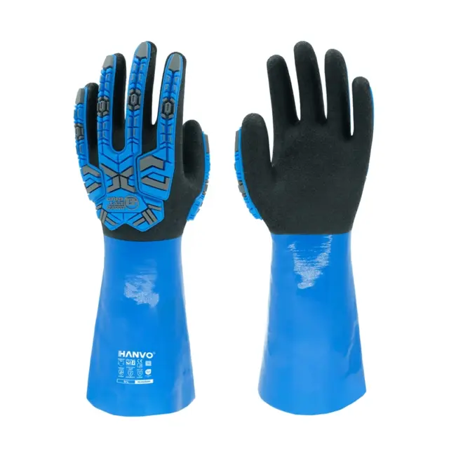 Discover HANVO’s 18-gauge nylon MetalQ cut D liner, ANSI D & EN388 certified Chemguard full dip smooth sandy nitrile chemical glove with TPR heat pressed back cushion, anti-cut, chemical resistant, impact absorption, touch screen usable for wet material handling, small component assembly and acid alkali barrel transport. Ideal for automotive, facility maintenance, machinery equipment, transport warehousing and glass building materials processing.