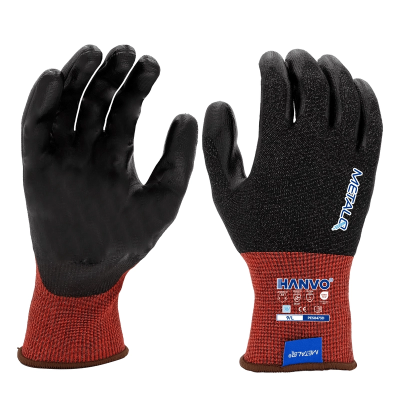 HANVO’s premium 18‑gauge nylon‑MetalQ‑tungsten‑carbon blended glove delivers top‑tier ANSI A6 cut‑F protection with reliable ESD static‑dissipation performance for static‑sensitive controlled environments. PU palm coating provides secure firm grip under dry working conditions. Touch‑screen‑compatible liner allows seamless device operation without removing gloves. It combines extreme cut resistance, anti‑static function and fine dexterity, suitable for electronics manufacturing, automotive, machinery maintenance and warehousing.