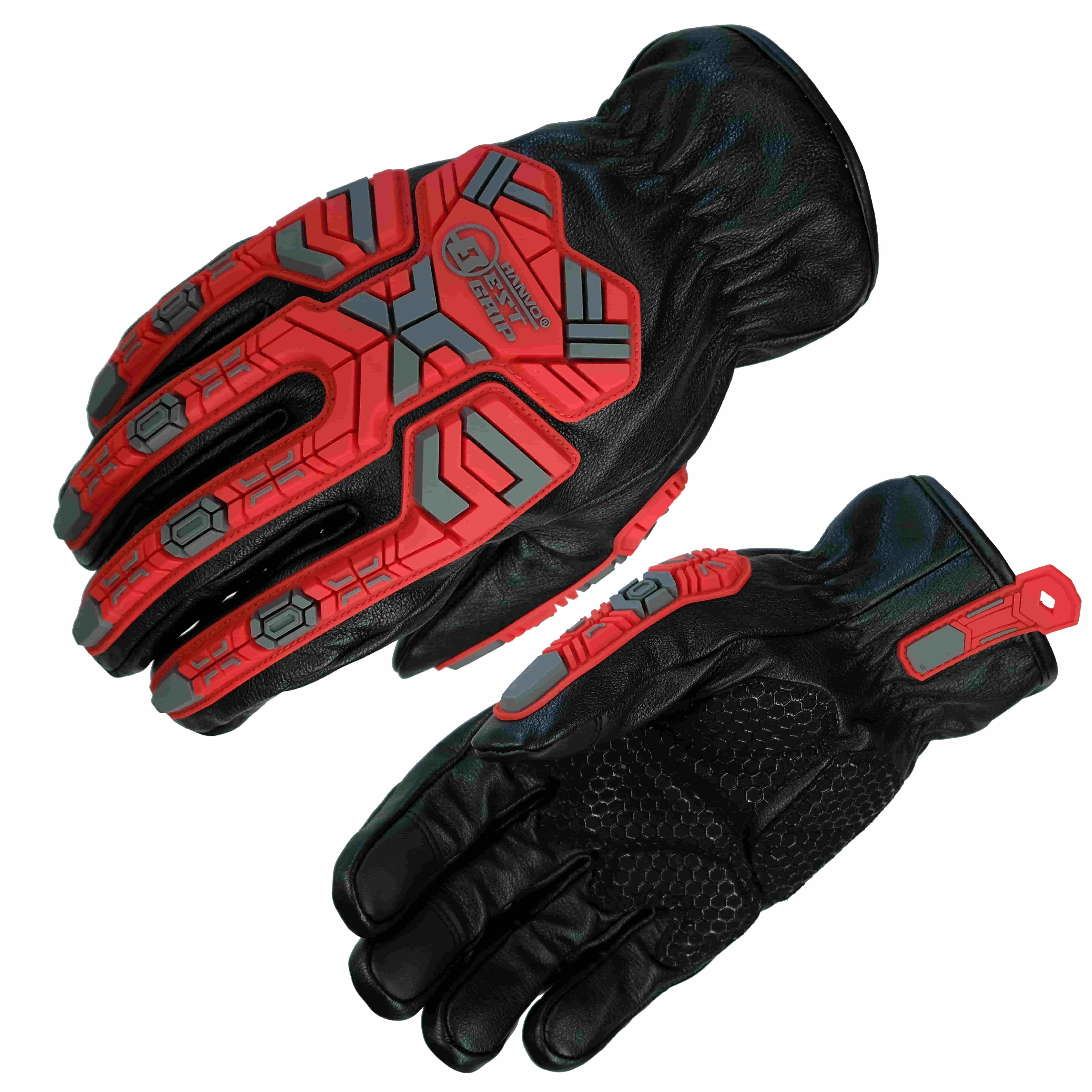 HANVO 18-gauge 360° cut-resistant safety glove built with lightweight Metal-Q liner reaching CE Level E / ANSI A5 cut protection. Cow leather palm delivers EN388 Level 2 abrasion resistance (1200 cycles); full silicone printing provides excellent anti-slip grip. 5mm padding absorbs vibration from power tools, 6mm TPR knuckle guard offers impact protection. Ideal for metal fabrication, construction, power tool operation, heavy maintenance.