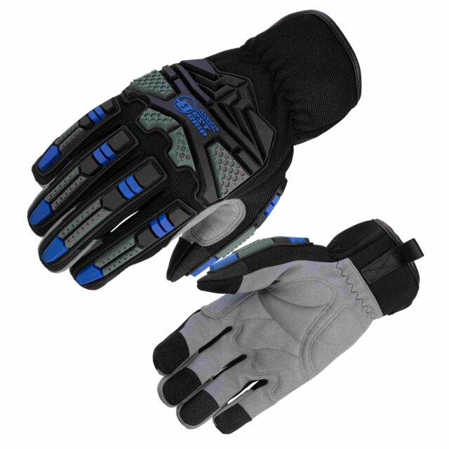HANVO heavy‑duty impact‑protection glove with touch‑screen capability. Synthetic‑leather palm with PVC reinforcement reaches EN388 Level 2 abrasion resistance (1600 cycles). 6 mm TPR knuckle protection absorbs blunt impact; 8 mm memory‑foam padding reduces vibration from power‑tool use. Open‑style safety cuff enables fast on‑and‑off. Touch‑capable fingertips support direct screen operation without glove removal. Ideal for construction, equipment repair, power‑tool operation, logistics, facility maintenance.