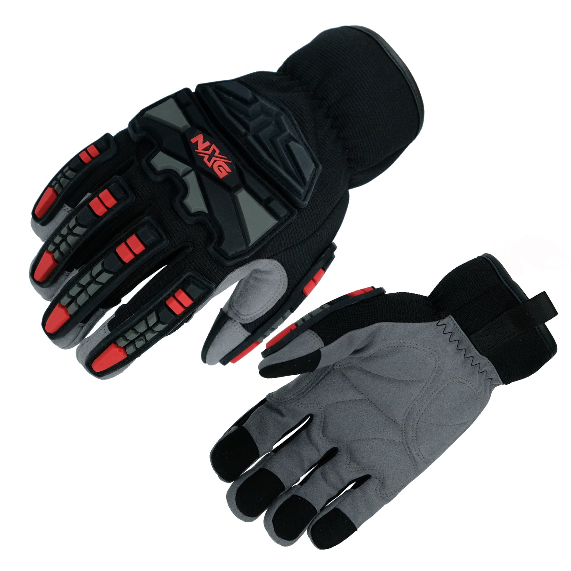 HANVO impact and vibration-reducing work glove. Synthetic leather palm with PVC reinforcement reaches EN388 Level 2 abrasion resistance (1600 cycles). 5mm silicone shell provides impact protection; 8mm memory foam padding attenuates vibration from power tool use. Open safety cuff enables quick donning and doffing. Ideal for power tool operation, automotive repair, construction, facility maintenance.