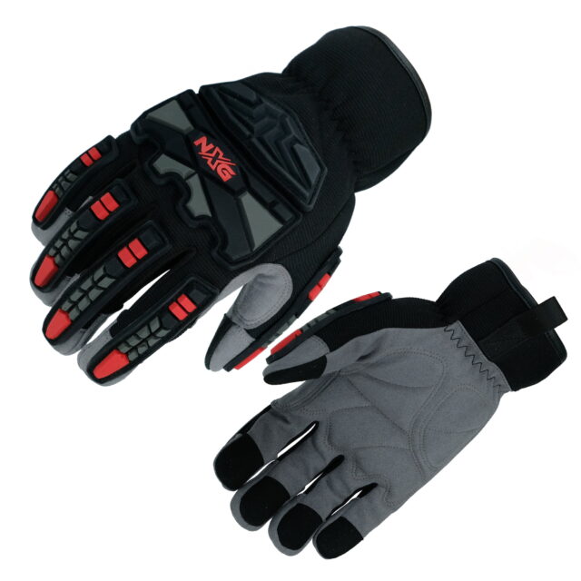HANVO impact and vibration-reducing work glove. Synthetic leather palm with PVC reinforcement reaches EN388 Level 2 abrasion resistance (1600 cycles). 5mm silicone shell provides impact protection; 8mm memory foam padding attenuates vibration from power tool use. Open safety cuff enables quick donning and doffing. Ideal for power tool operation, automotive repair, construction, facility maintenance.