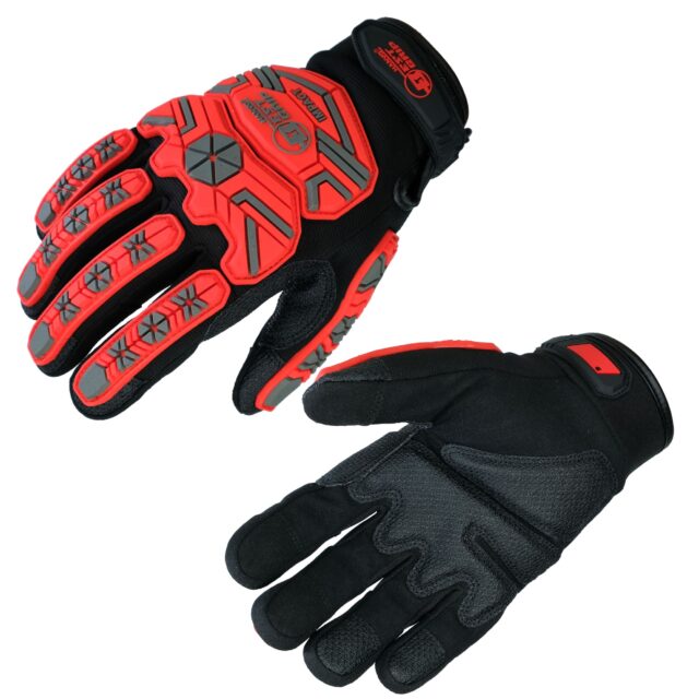 HANVO heavy-duty impact work glove with 5mm silicone shell impact protection. Synthetic leather palm with PVC reinforcement delivers 3000-cycle Level 3 abrasion resistance for long service life. Elastic SBR cuff with hook-and-loop pull tab for adjustable, secure wrist fit. Ideal for construction, metal fabrication, warehouse handling, heavy equipment maintenance.