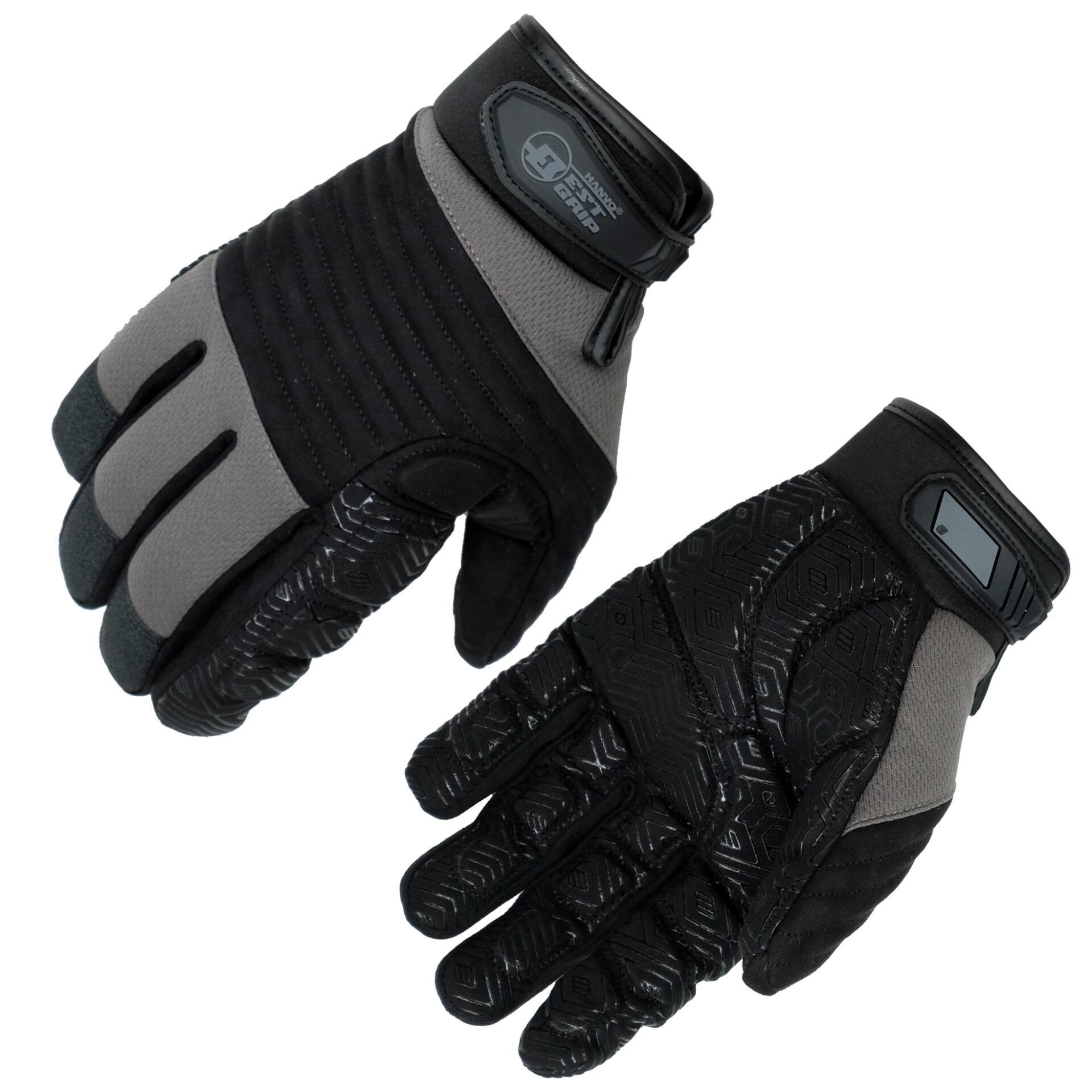 HANVO 18-gauge vibration-reducing work glove with stretch spandex back for excellent dexterity and breathability. Full silicone padding on synthetic leather palm attenuates vibration from power tools, while silicone printing delivers superior anti-slip grip. Elastic SBR cuff with hook-and-loop pull tab for adjustable wrist fit. Ideal for power tool operation, facility maintenance, automotive repair, light assembly.