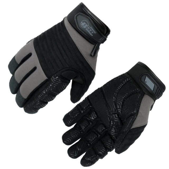 HANVO 18-gauge vibration-reducing work glove with stretch spandex back for excellent dexterity and breathability. Full silicone padding on synthetic leather palm attenuates vibration from power tools, while silicone printing delivers superior anti-slip grip. Elastic SBR cuff with hook-and-loop pull tab for adjustable wrist fit. Ideal for power tool operation, facility maintenance, automotive repair, light assembly.