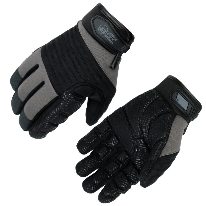 HANVO 18-gauge vibration-reducing work glove with stretch spandex back for excellent dexterity and breathability. Full silicone padding on synthetic leather palm attenuates vibration from power tools, while silicone printing delivers superior anti-slip grip. Elastic SBR cuff with hook-and-loop pull tab for adjustable wrist fit. Ideal for power tool operation, facility maintenance, automotive repair, light assembly.
