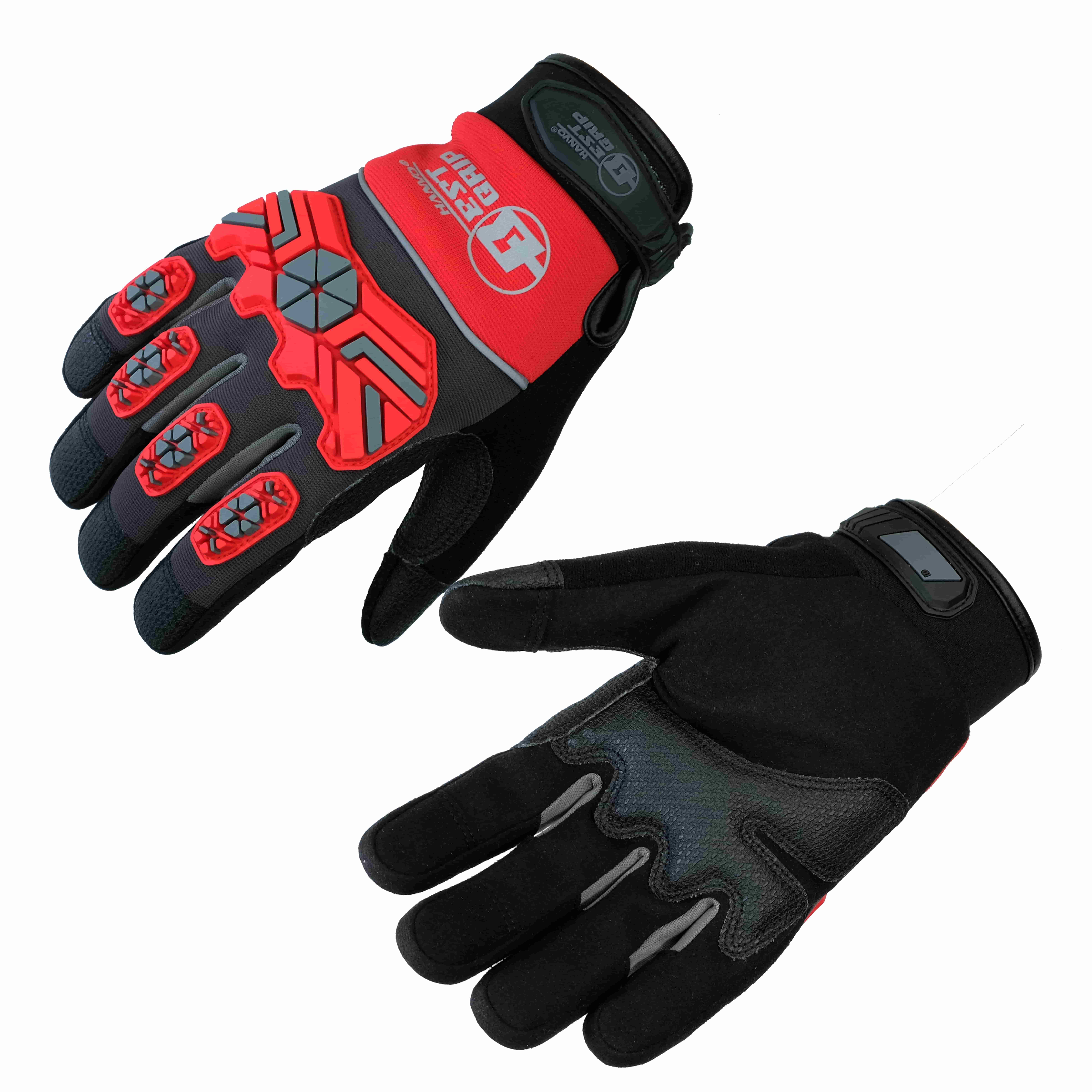 HANVO medium‑duty impact‑release work glove. Synthetic‑leather palm with PVC reinforcement delivers EN388 Level 2 abrasion‑resistant performance for 1600‑cycle wear life. 5 mm thermoplastic‑rubber (TPR) knuckle guards dissipate blunt impact energy, with extra‑durable PVC palm reinforcement. 5 mm foam padding attenuates vibration produced by power‑tool operation. Adjustable hook‑and‑loop wrist closure for custom secure fit. Ideal for automotive repair, construction, power‑tool handling, facility maintenance, metal fabrication.